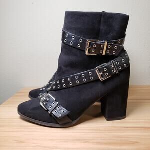 Lane Bryant Women's 8 Black Faux‎ Suede Heeled Bootie Buckle Strap Grunge Biker